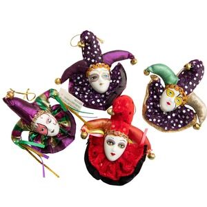 VTG Porcelain Jester Ornaments Magnets Harlequin Masquerade Mardi Gras Carnival